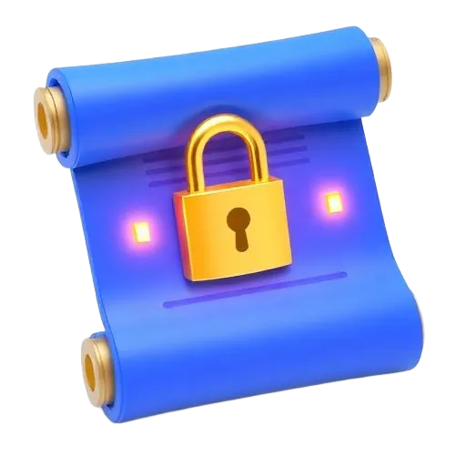 Ilustración 3D de un contrato digital azul con un candado dorado
