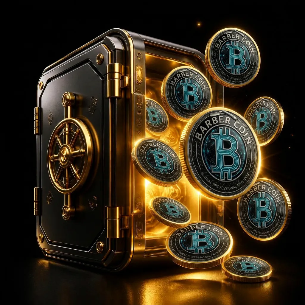 Ilustración 3D de una caja fuerte digital de donde emergen monedas doradas de Barber Coin