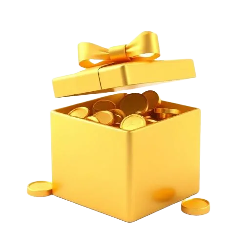 Icono 3D de una caja de regalo dorada llena de monedas